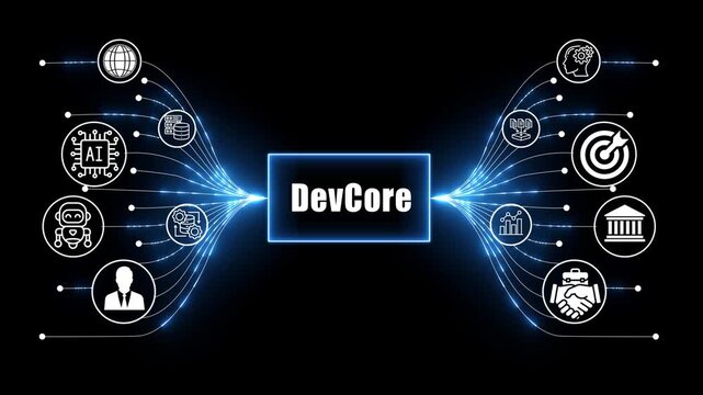 dev core network, business and technology concept on black background 