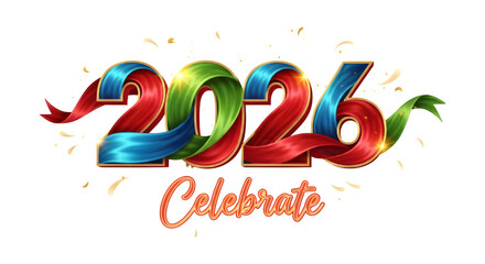 Colorful 2026 celebrate ribbon text isolated on transparent background