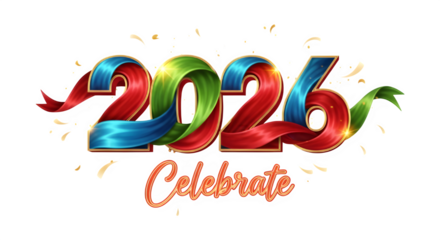 Colorful 2026 celebrate ribbon text isolated on transparent background