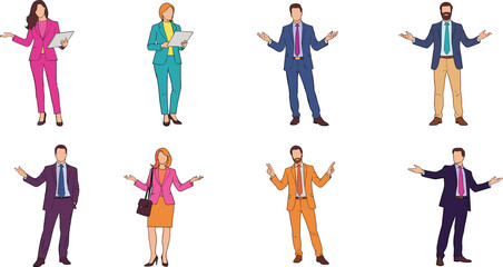 Business people presenting shrugging confused gestures professional men women office illustration teamwork communication leadership decision making corporate style success