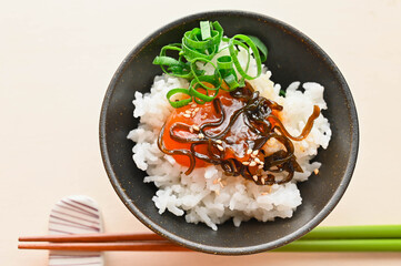 ご飯にのせた卵黄の塩昆布漬け