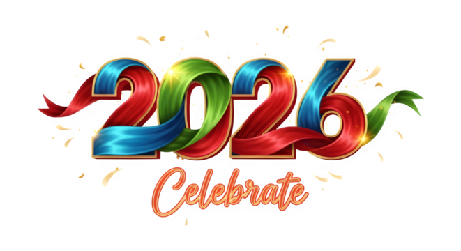 Colorful 2026 celebrate ribbon text isolated on transparent background