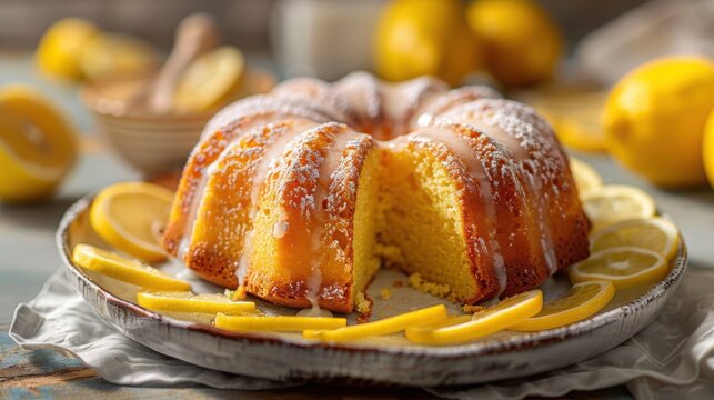 A bundt cake with glaze and lemon slices arranged on a plate with fresh lemons