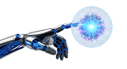 Robot hand touching glowing digital sphere isolated on transparent background