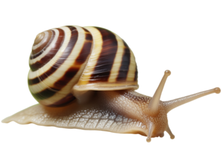 Garden banded snail isolated on transparent background, crawling slowly on surface