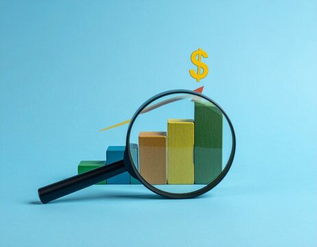 Financial Analysis and Growth Strategy - Magnifying Glass on Bar Chart with Dollar Sign