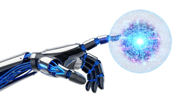 Robot hand touching glowing digital sphere isolated on transparent background