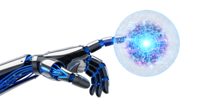 Robot hand touching glowing digital sphere isolated on transparent background - Powered by Adobe
