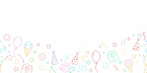 Whimsical hand drawn celebration border with balloons gifts ice cream and party hats