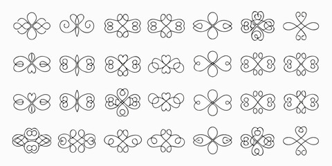 Collection of elegant hand drawn black decorative flourishes and ornamental dividers with heart shapes