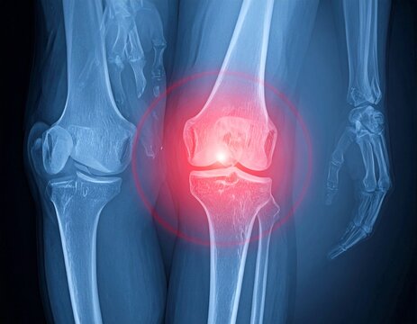 Knee Joint Pain and Injury X-ray - Medical Radiograph with Red Highlight