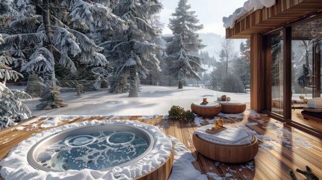 Outdoor jacuzzi and patio area near a cabin in a snowy winter wonderland scene view