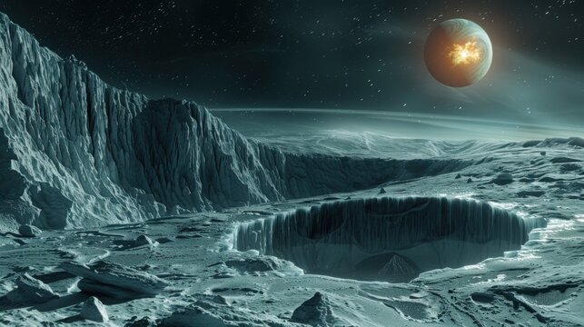 Icy planet surface with craters and cliffs under a glowing celestial sphere view - Powered by Adobe