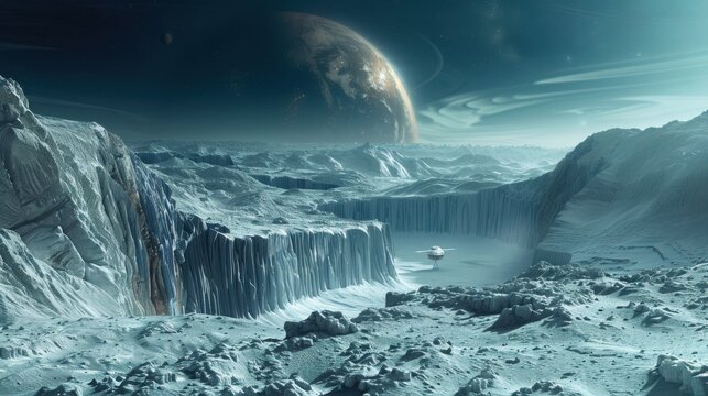 A desolate alien landscape with a large planet visible in the sky above it all