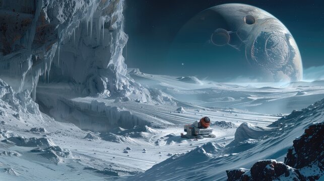 A snowy landscape with a rover and a large planet in the sky with craters - Powered by Adobe