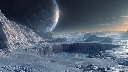 A distant planet looms over a frozen landscape with icy cliffs and mountains