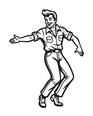 Black and white illustration of a male figure in a 1950s style outfit with a confident pose and slicked-back hair, exuding a retro vibe.