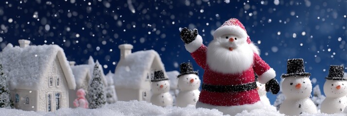 Festive winter scene with santa and snowmen in snowy village setting