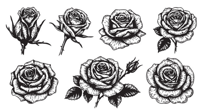 Black and white hand-drawn illustrations of various rose flowers, each with distinct petal arrangements and leaves.