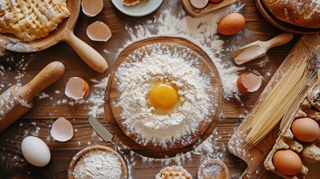 Overhead view of baking ingredients including eggs and flour on a wooden surface