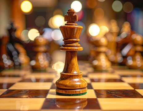 The King's Strategy: Close-up of a Wooden Chess King on a Polished Board
