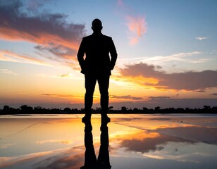 Silhouette of a Confident Businessman Standing at Sunset with Reflection