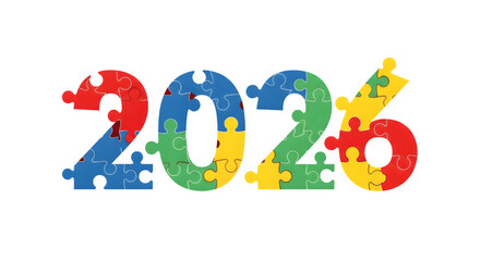 Colorful puzzle pieces form the year 2026 isolated on transparent background