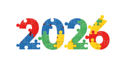 Colorful puzzle pieces form the year 2026 isolated on transparent background