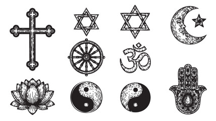 Black and white hand-drawn icons representing various religious and spiritual symbols including a cross, star of david, om, lotus, yin and yang, and more.