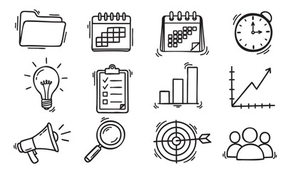 Hand-drawn vector icons representing organization and productivity tools, including folders, calendars, lightbulb, checklist, graphs, clock, megaphone, magnifying glass, target with arrow, and group o