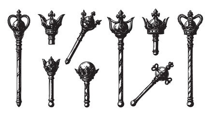 Nine intricately detailed black and white scepters featuring ornate crowns and decorative designs, symbolizing authority and royalty.