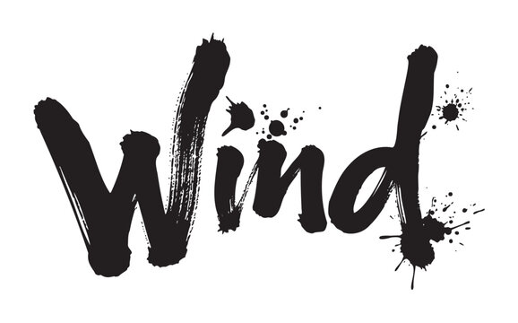The word "wind" is artistically written in bold black brushstroke lettering, with expressive paint splatters enhancing its dynamic appearance.
