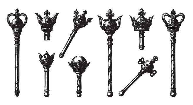 Nine intricately detailed black and white scepters featuring ornate crowns and decorative designs, symbolizing authority and royalty.