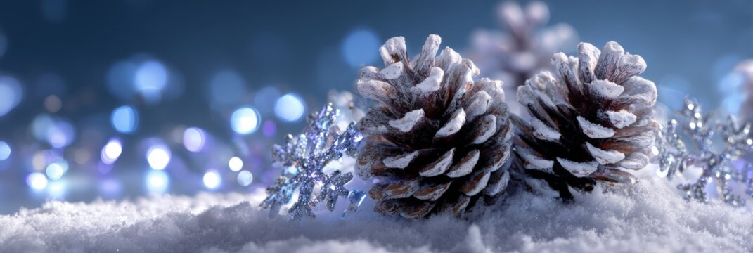 Frosted pine cones on snow with sparkling blue bokeh background