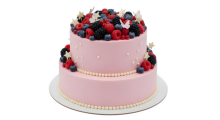 Two tier pink frosted cake decorated with fresh berries isolated on transparent background