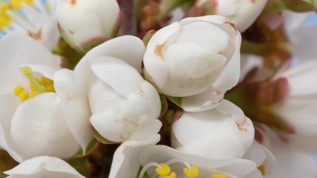 Macro time lapse blooming white blackthorn flowers close-up, isolated on blue screen