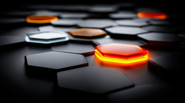 Black and orange hexagon is surrounded by other hexagons. The orange hexagon is lit up. Concept of depth and dimension