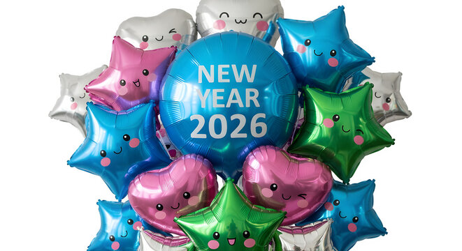 Happy new year 2026 balloons in festive shapes isolated on transparent background