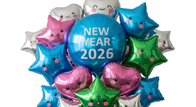 Happy new year 2026 balloons in festive shapes isolated on transparent background