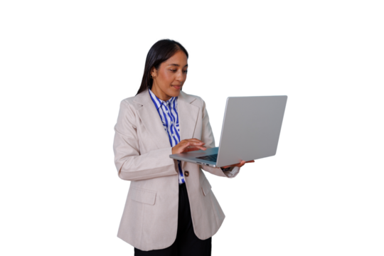 Professional businesswoman standing, working on a laptop, engaging in telecommuting and digital tasks. Transparent background