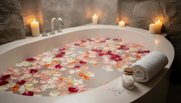A serene spa scene featuring a white bathtub filled with a milk bath and scattered red and yellow flower petals.  