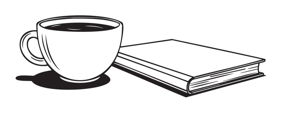 Black and white line drawing of a steaming coffee cup beside a closed hardcover book, evoking a cozy reading atmosphere.