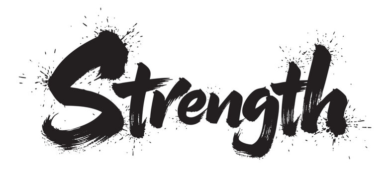 Bold black brushstroke typography spelling the word "strength" with artistic splatters surrounding the letters. - Powered by Adobe