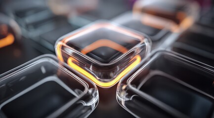 Close up of a bunch of square shaped glass pieces with a yellow outline. Concept of modernity and sophistication