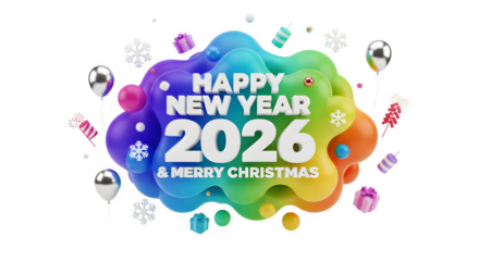 Happy new year 2026 and merry christmas colorful abstract splash isolated on transparent background