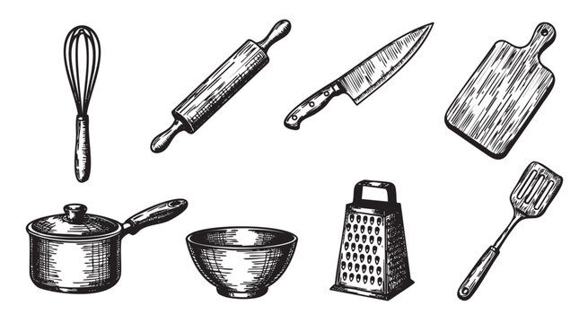 Hand-drawn kitchen utensils including a whisk, rolling pin, knife, cutting board, saucepan, bowl, grater, and spatula, showcasing detailed linear designs.