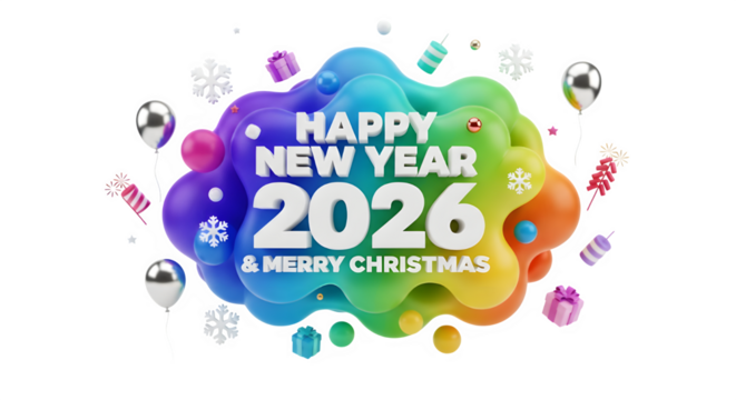 Happy new year 2026 and merry christmas colorful abstract splash isolated on transparent background