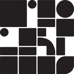 Abstract geometric pattern of black squares circles and rectangles on white shapes