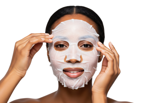 Happy African American woman applying a cosmetic sheet mask for a beauty treatment