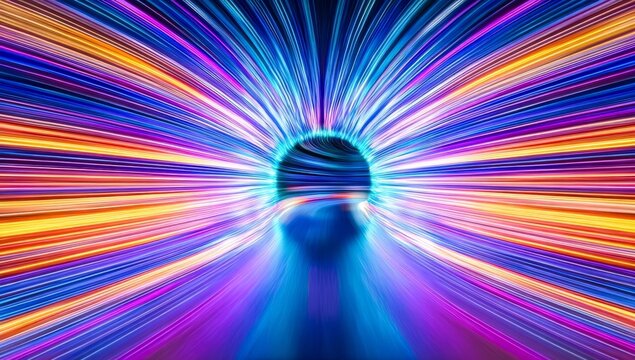 Colorful tunnel with a car driving through it. The tunnel is illuminated with bright lights